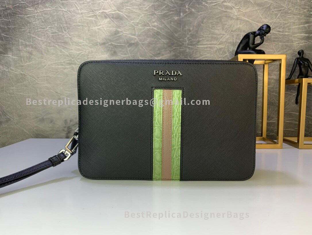 Prada Black And Green Saffiano Leather Bandoleer Bag With Crocodile Effect SHW 2VF007